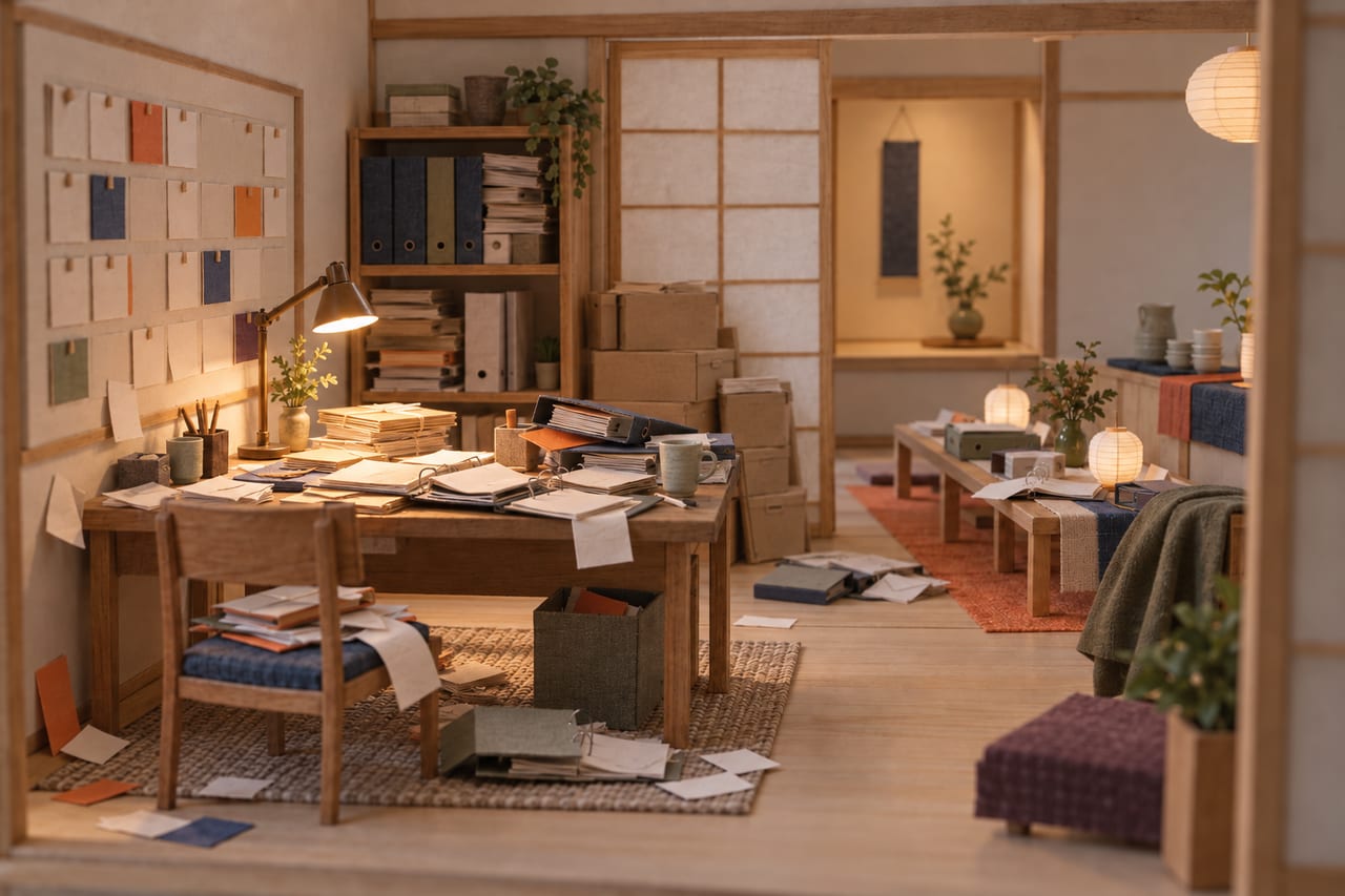 A card model of a business office at the end of a week that ran away: post piled on the desk, binders open and out of order, the wall planner half empty.