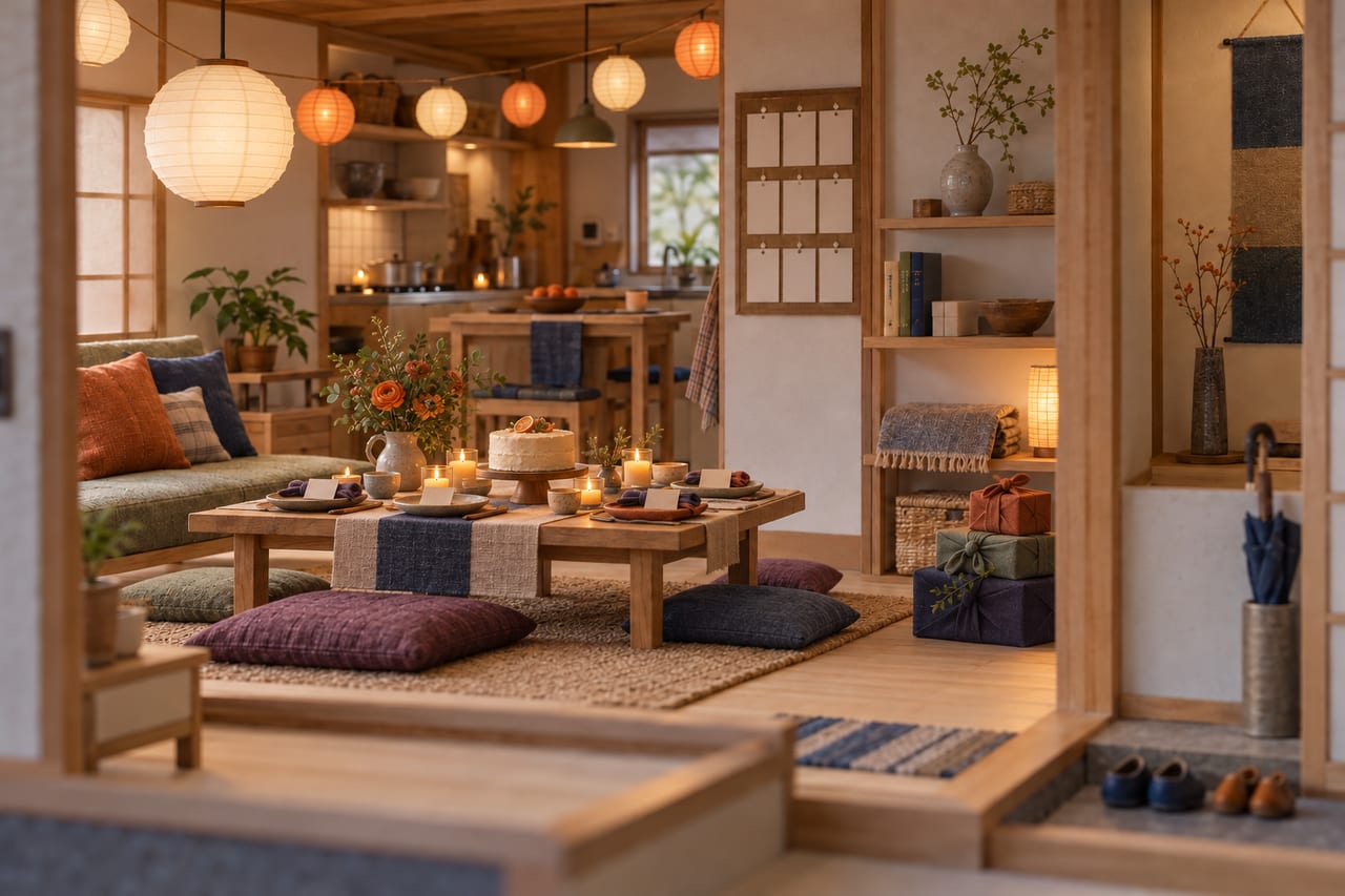 A card model of a family living room set for a milestone celebration: a low table with a cake, flowers and candles, paper lanterns overhead and wrapped gifts by the shelf.
