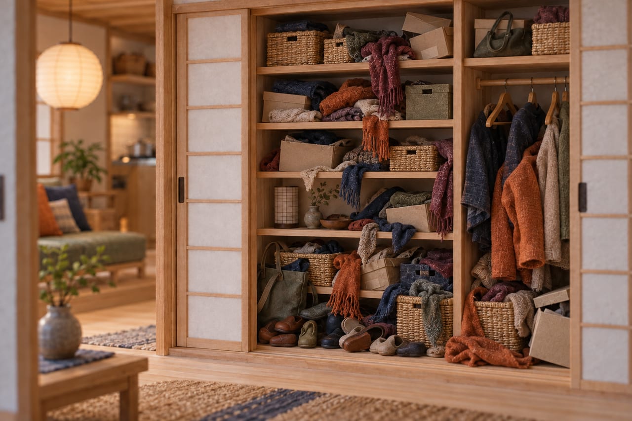 A card model of a hall cupboard before it is sorted: scarves, bags and shoes crammed in and spilling out, boxes stacked crooked.