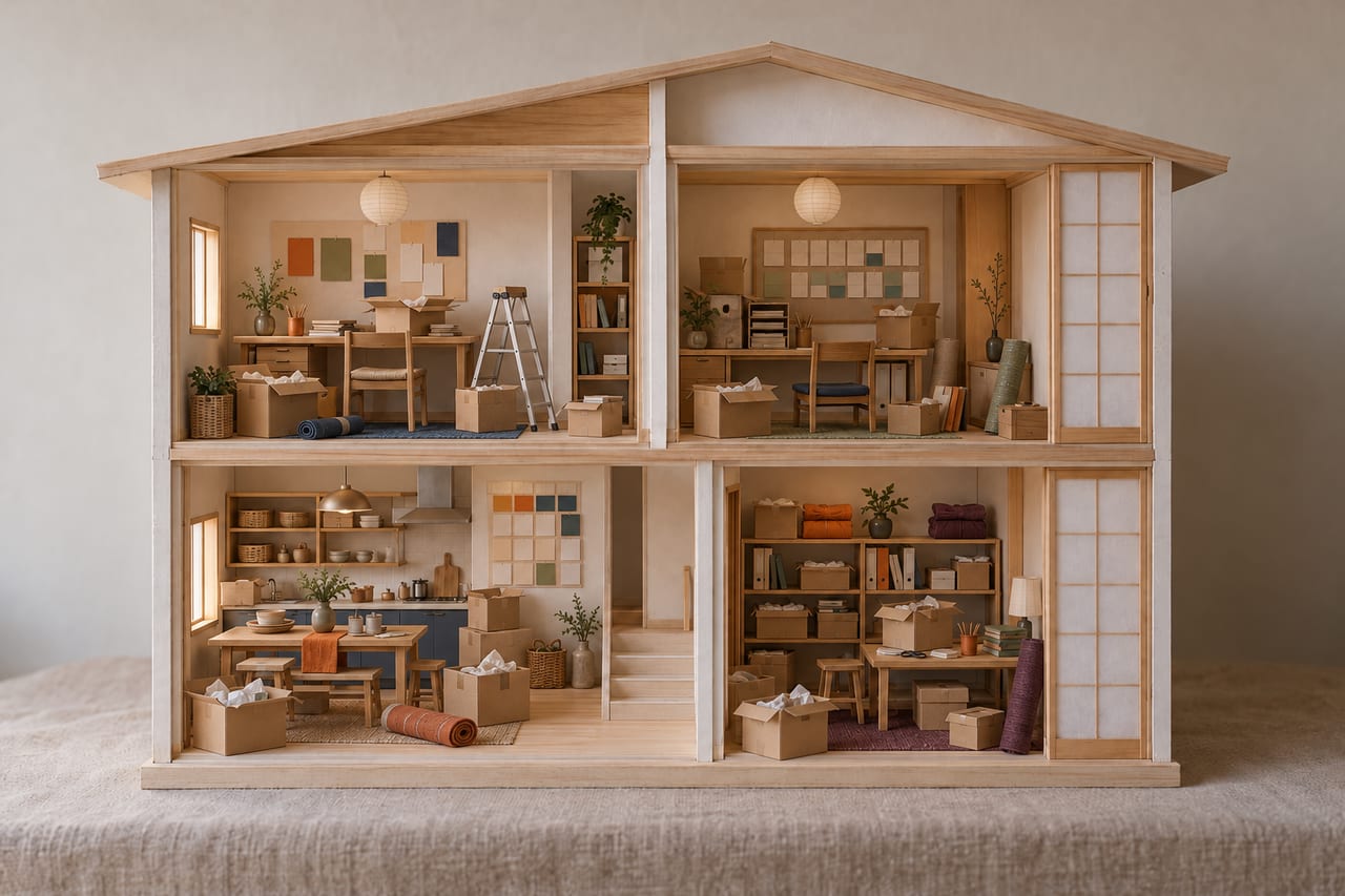A card model of the house with all four rooms being set up: boxes open on every floor, folders half unpacked onto shelves and blank labels on a desk.