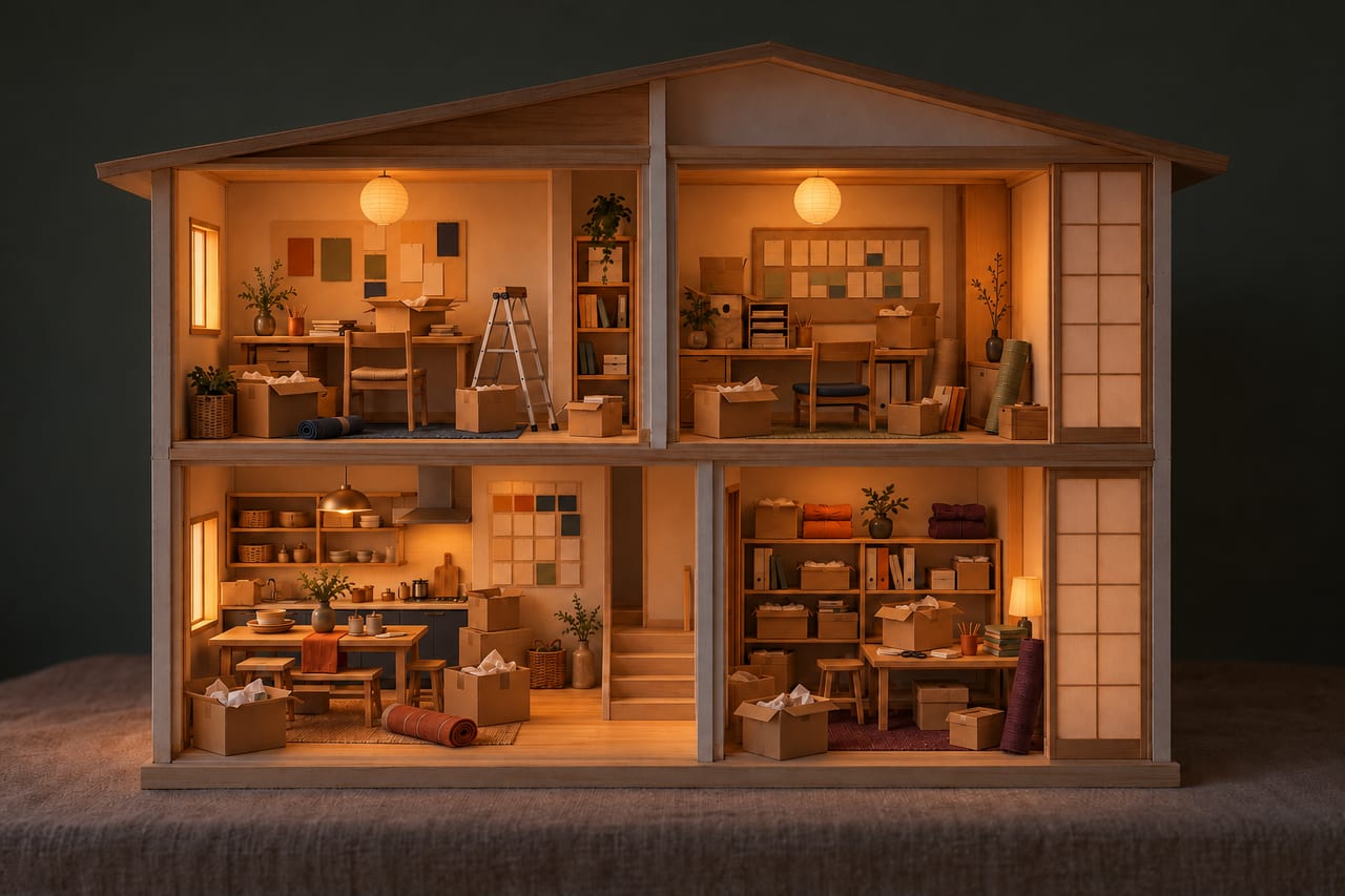 The same card model house at lamplight, all four rooms being set up: boxes open, folders half unpacked and blank labels on a desk.