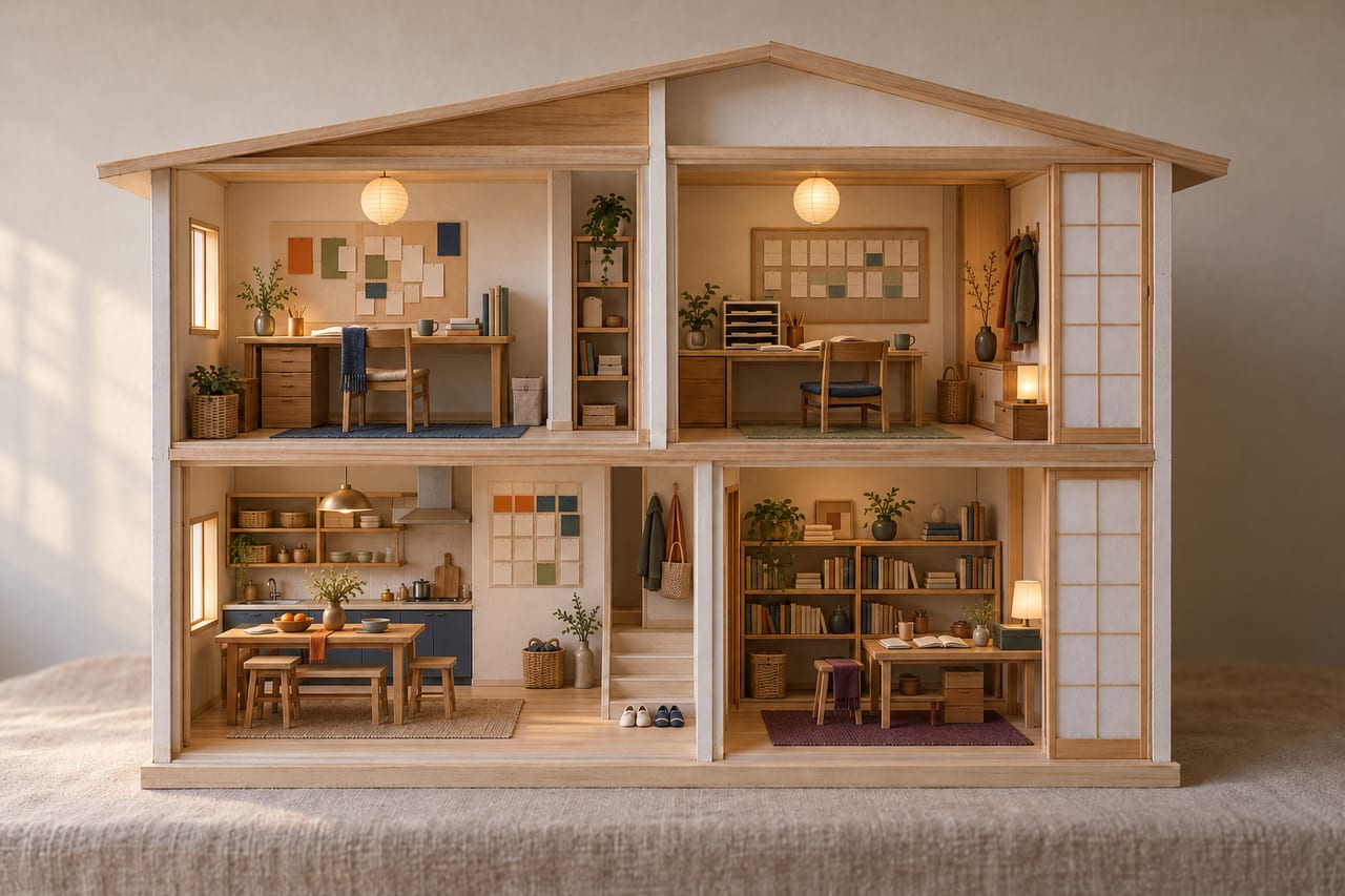 A card model of the house in use on an ordinary weekday: the boxes gone, notebooks open on the desks, the wall planner filled and the kitchen table laid.