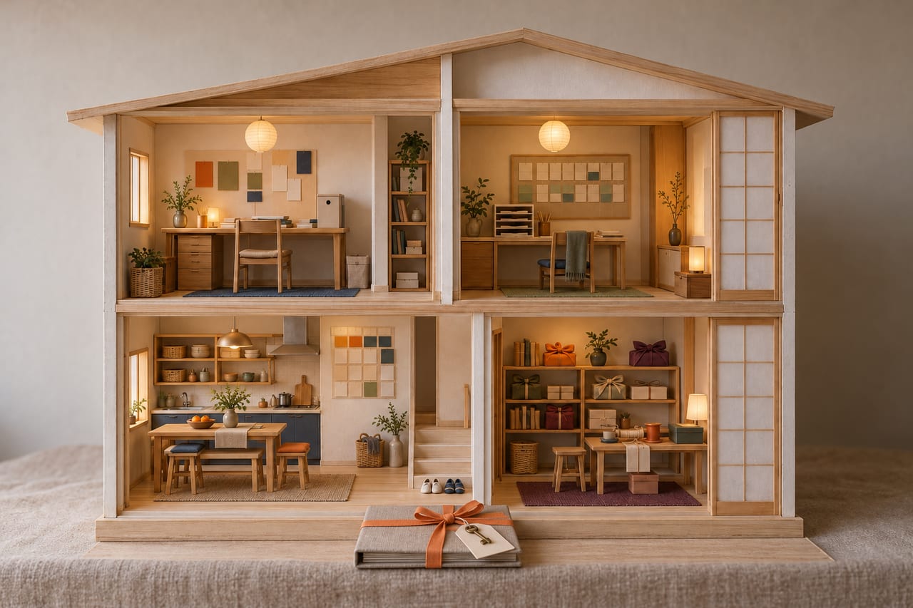A card model of the house finished and handed over: every room tidy, and on the step a linen binder tied with orange ribbon with a small key on top.