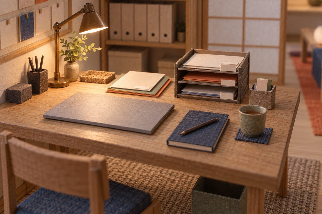 A card model of the same desk with the inbox cleared: sorted letter trays, a closed laptop, a notebook and a cup of tea on a clear desk.