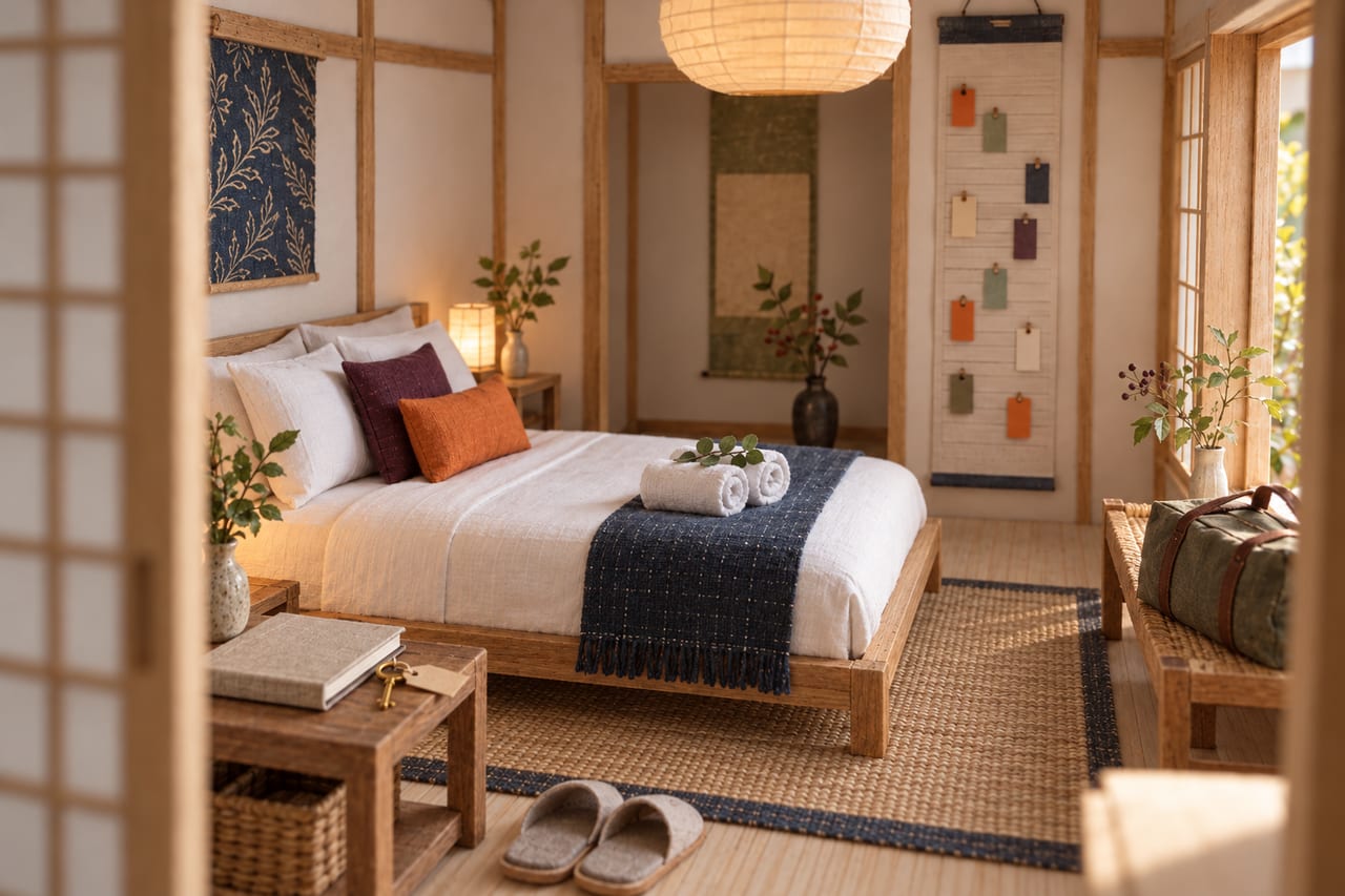 A card model of the same bedroom made guest-ready: the bed made with cushions and a folded throw, towels laid out, a welcome book and slippers by the bed.