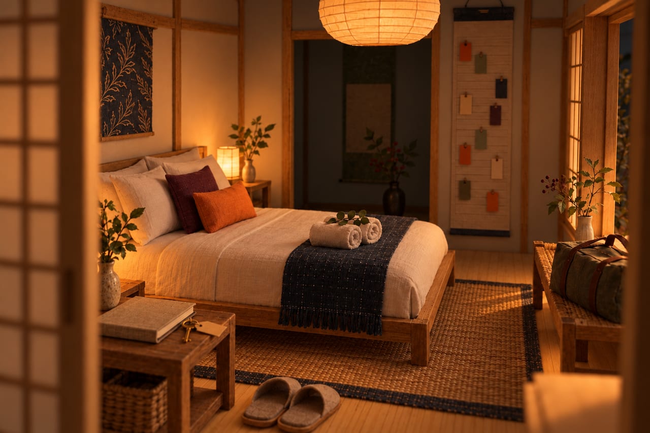 The same card model bedroom at lamplight, guest-ready: the bed made with cushions and a folded throw, a welcome book and slippers by the bed.