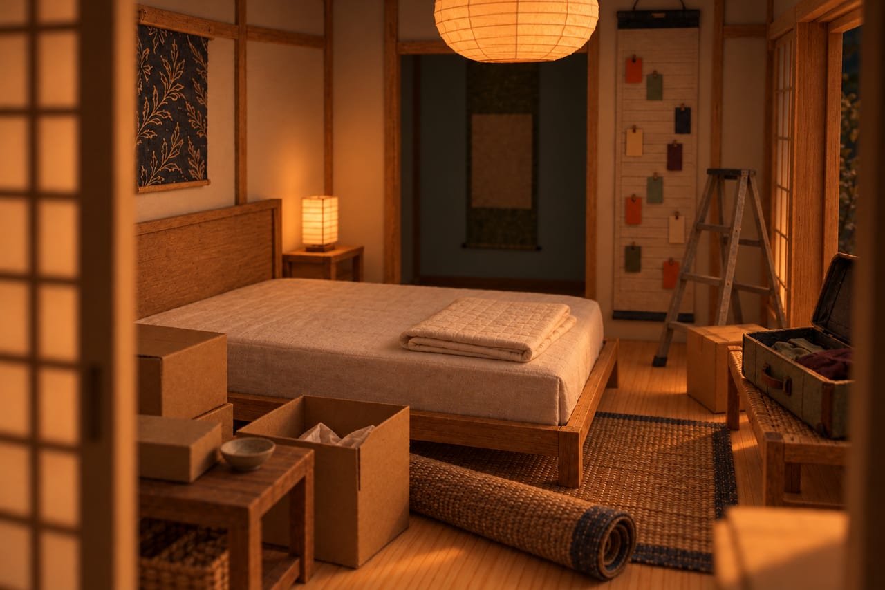 The same card model bedroom at lamplight before it is made ready: a bare bed, cardboard boxes, a rolled rug and an open suitcase.