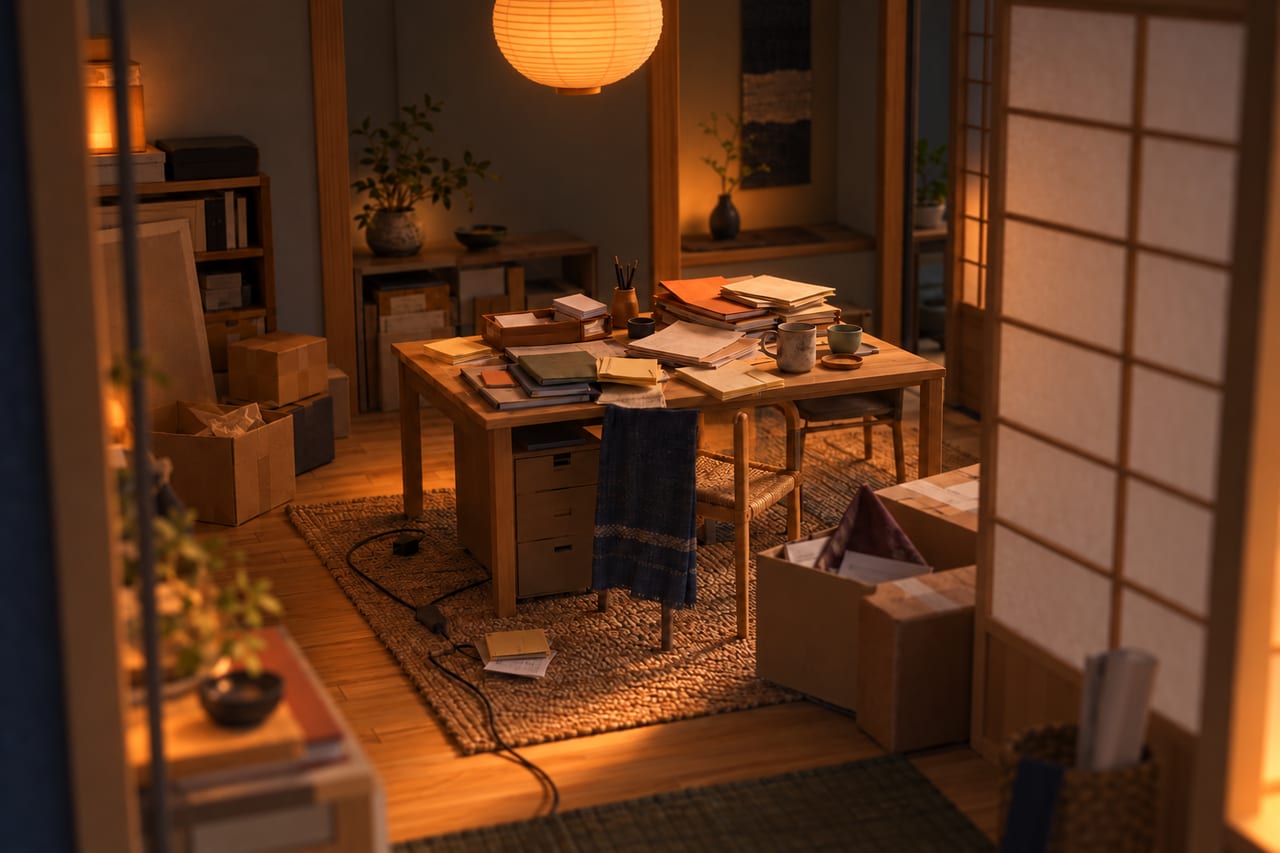 The same card model desk at lamplight before it is set up: papers piled at angles, boxes unopened and the diary buried under folders.