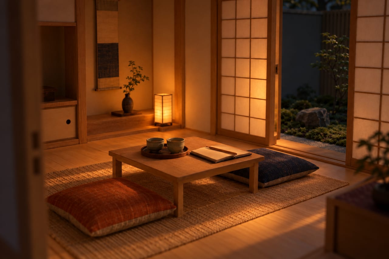 The same card model room at lamplight: two linen cushions at a low table, two cups of tea and a screen open on to a small moss garden.