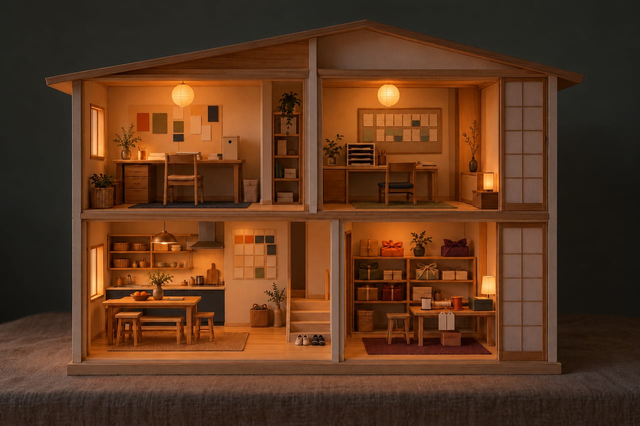 A card model of a small two-storey house at lamplight, its front open to show four rooms glowing: a new studio desk, a working office, a family kitchen and a room of wrapped gifts.