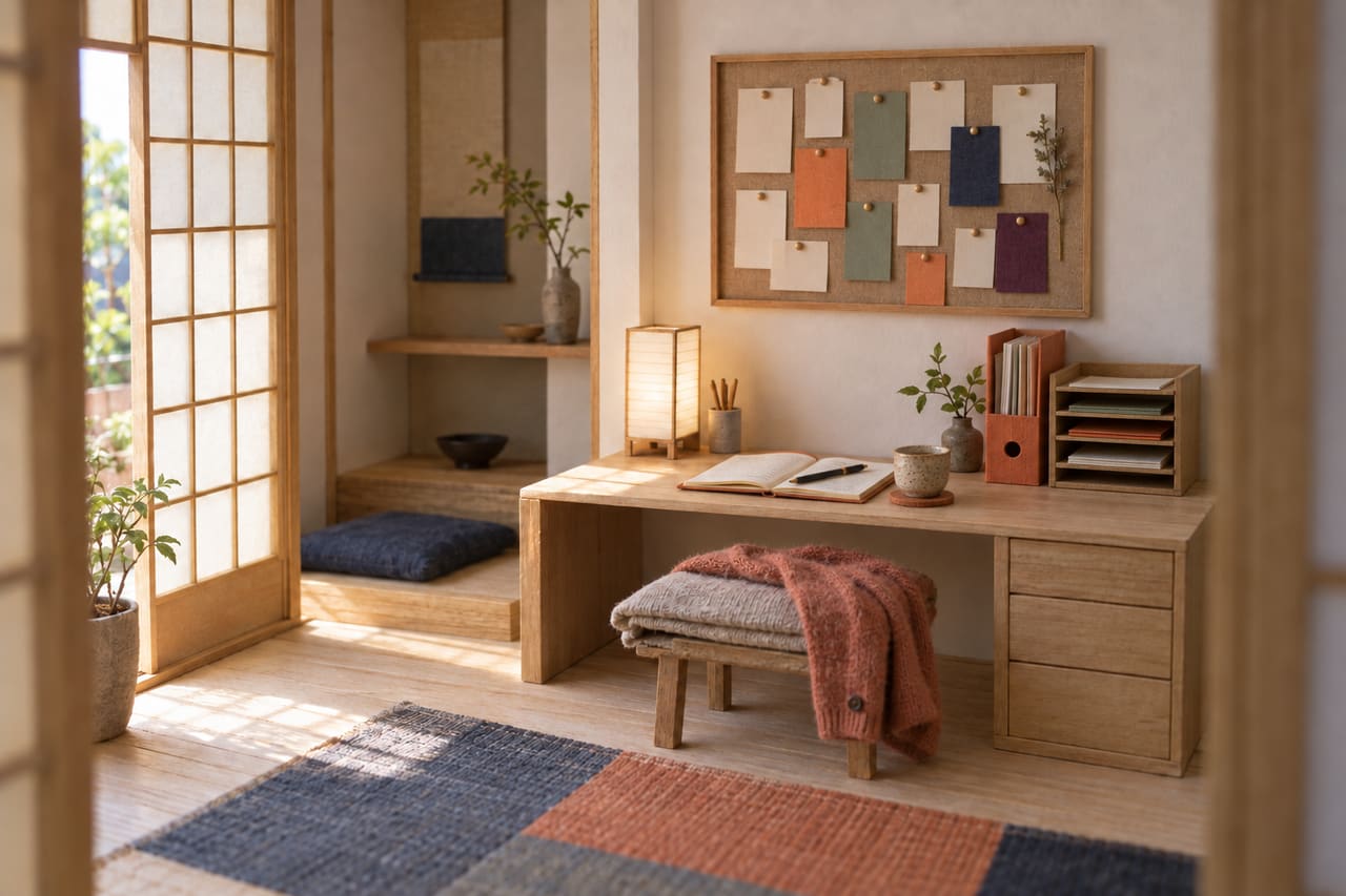 A card model of a small studio on a working morning: a diary open with a pen across it, a cup of tea, a pinboard of paper cards and a sorted letter tray.