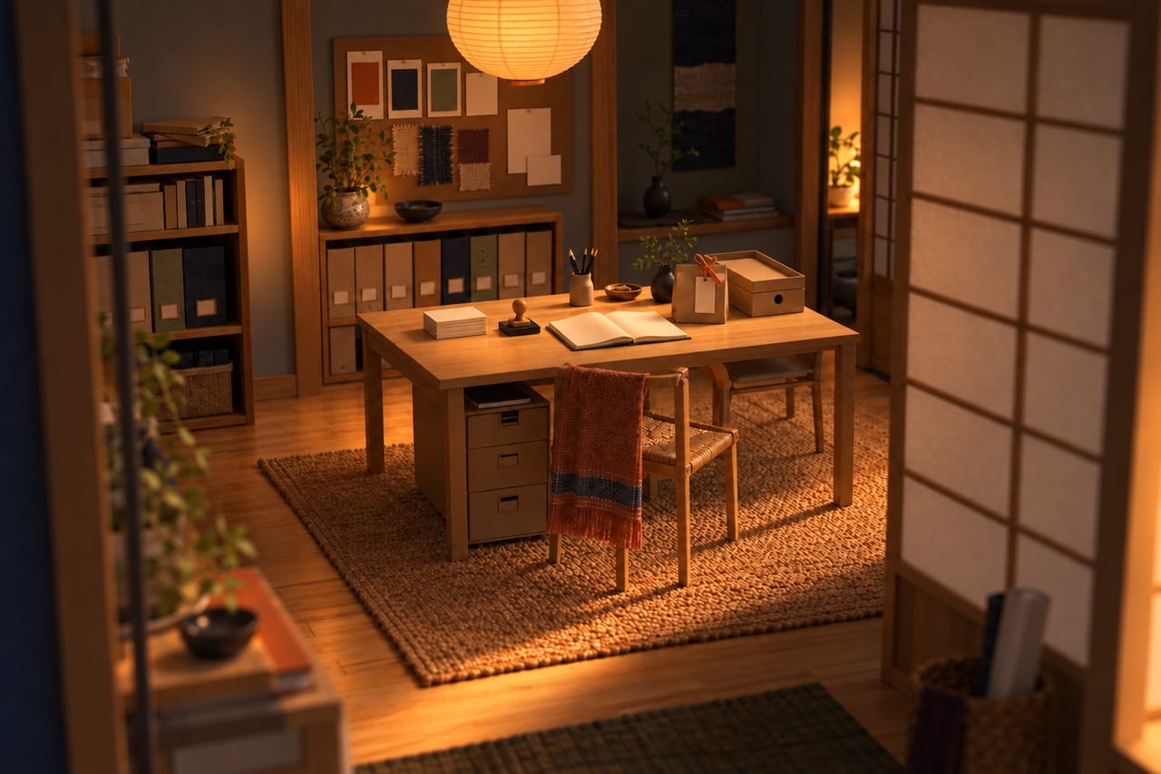 The same card model studio at lamplight with its look set: a board of colour swatches, blank cards, a small stamp and a wrapped paper bag.