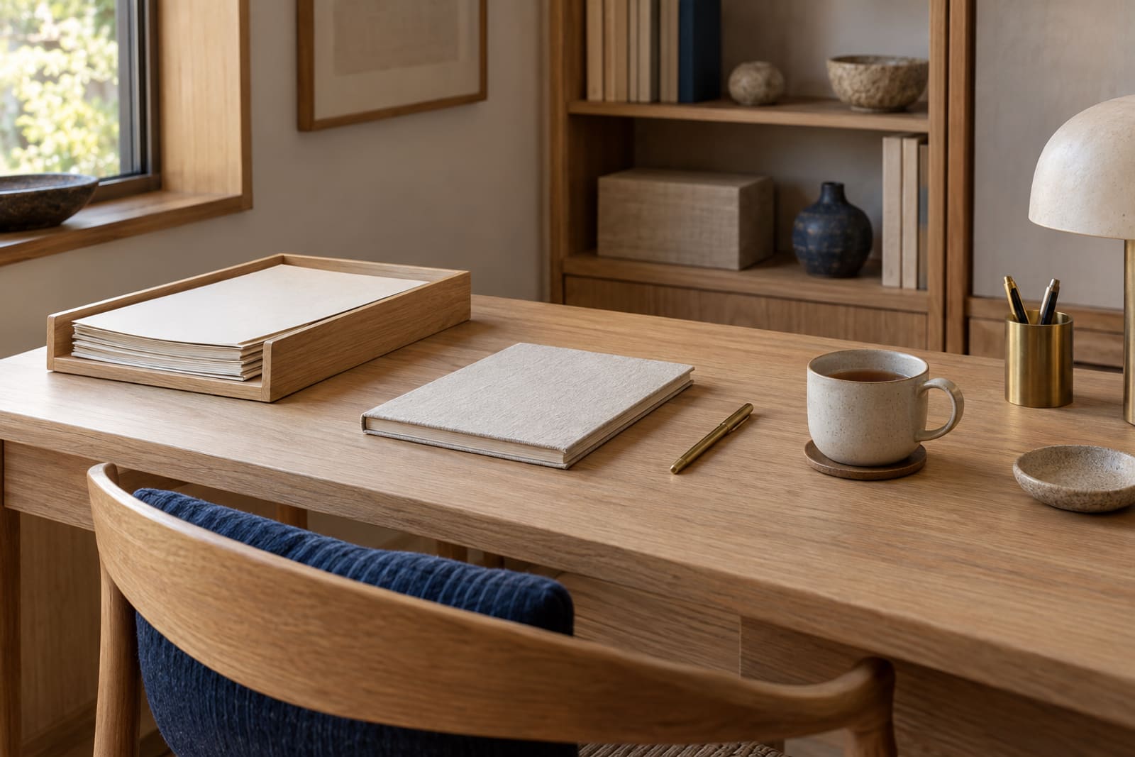 The same kind of desk on an ordinary week: folders squared in an oak tray, a closed planner, a cup of tea and a brass pen.