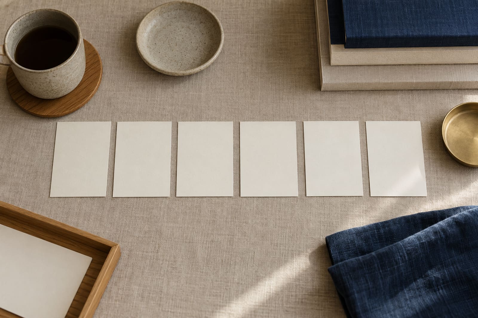 Plain ivory cards laid out in one neat row on natural linen, seen from above.