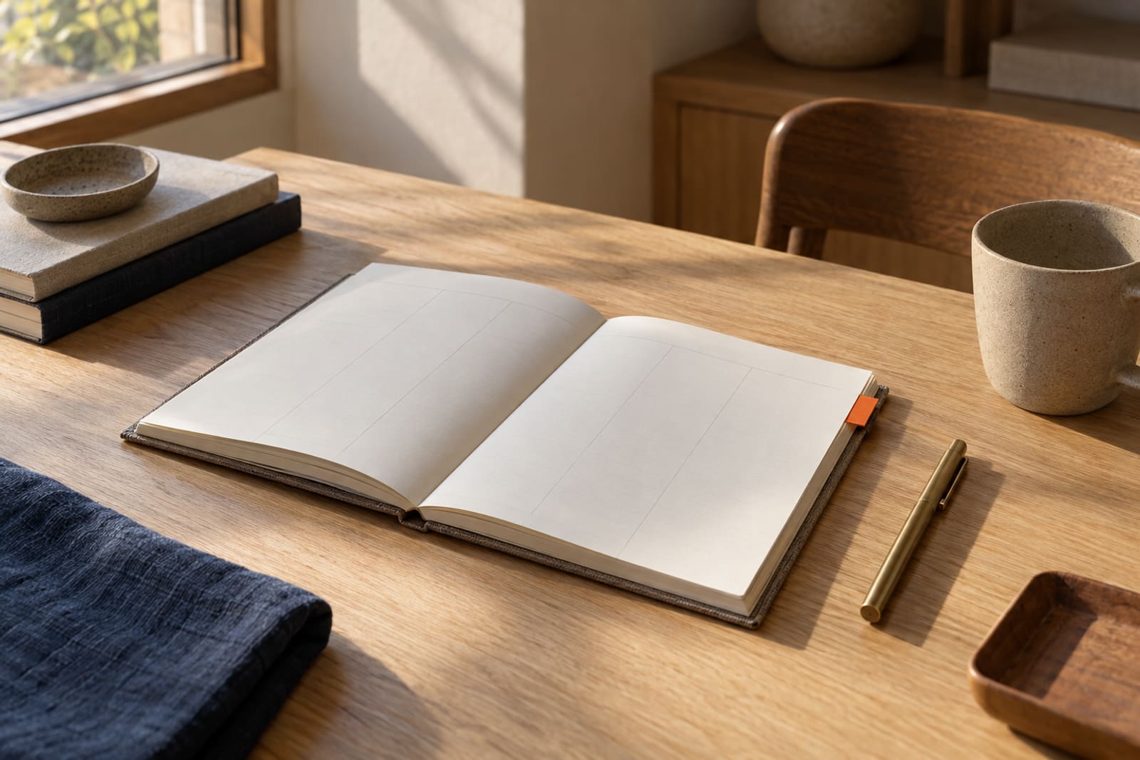 A fresh planner open on its first week on an oak desk, one small orange tab at the page's edge and a brass pen beside it, in low morning light.