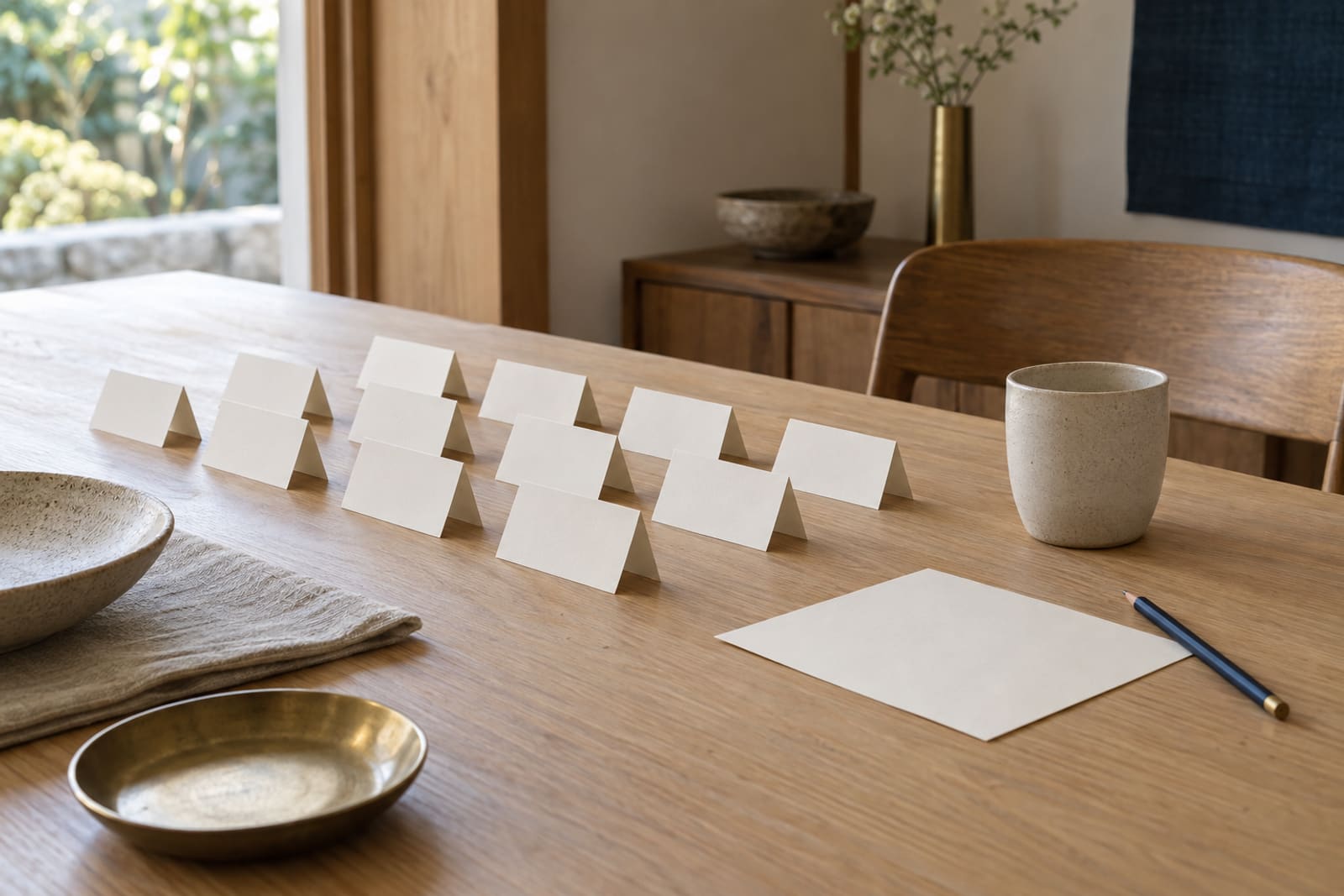 Blank table-plan cards standing in rows on an oak dining table, with a stoneware cup, a brass dish, a sheet of paper and a pencil.