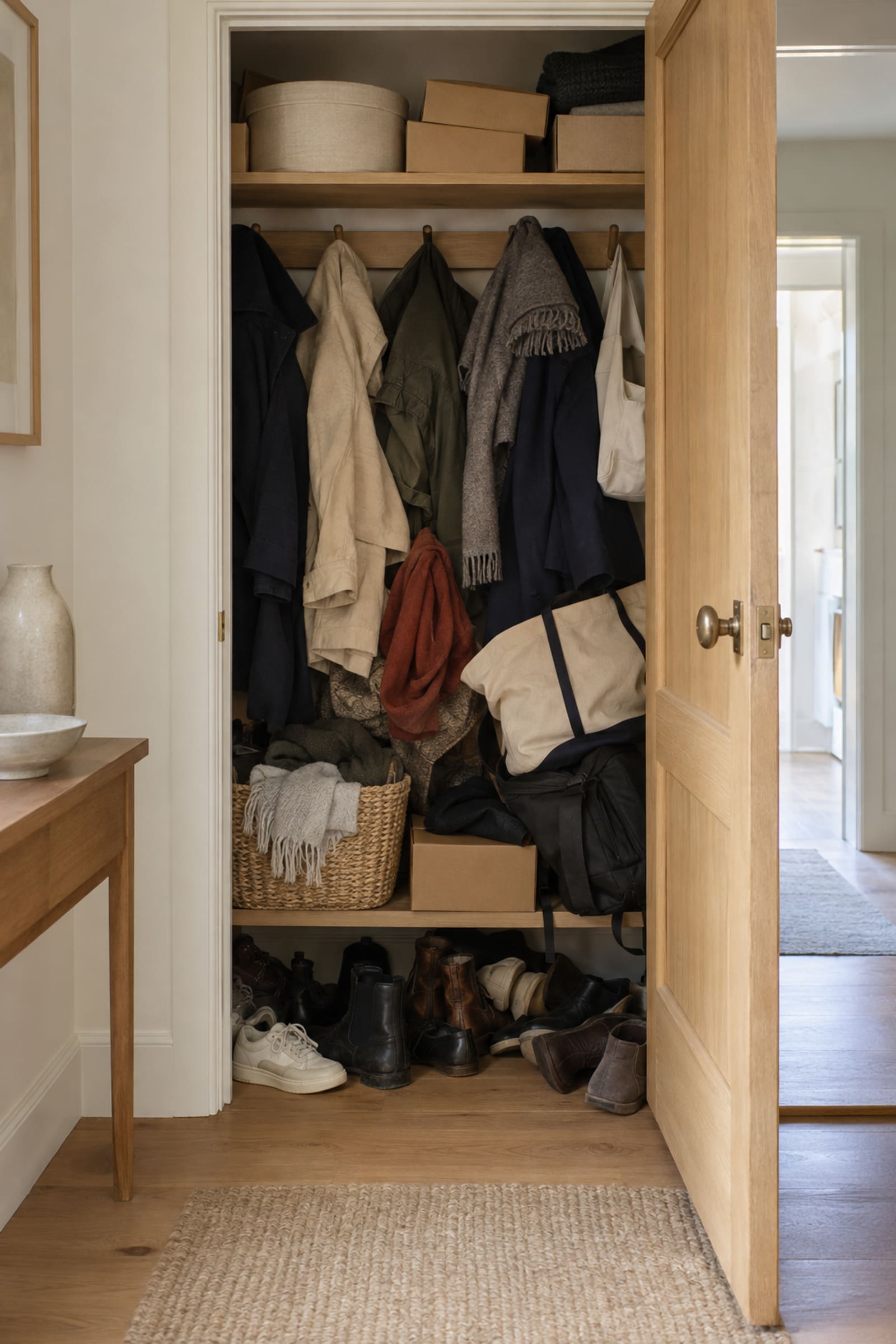 Before: a hall cupboard with its door open, coats piled on the hooks, bags and boxes on the shelf and shoes heaped on the floor.