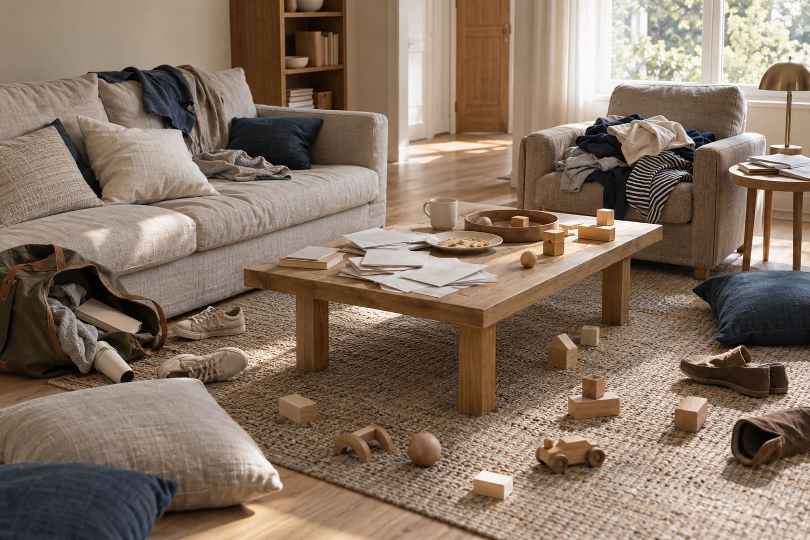 Before: a family living room at midday, cushions, laundry, toys and post across the sofa, the table and the rug.