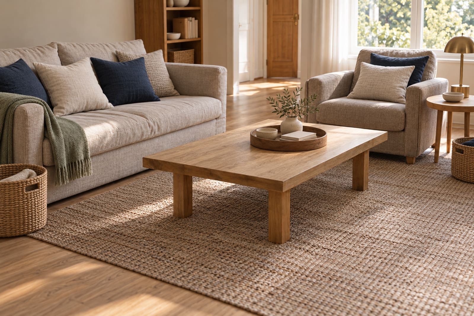 Calm: the same room by day, surfaces clear, a green throw folded on the sofa and baskets holding things.