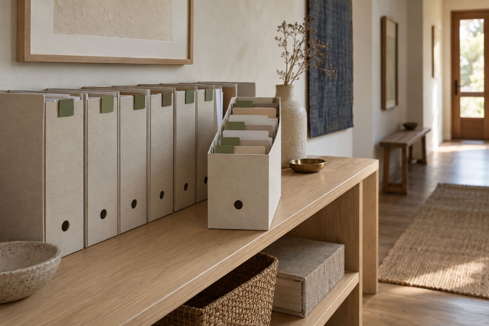 A pale oak hall shelf of plain box files, each with a small sage tab, one open in front showing its plain dividers.