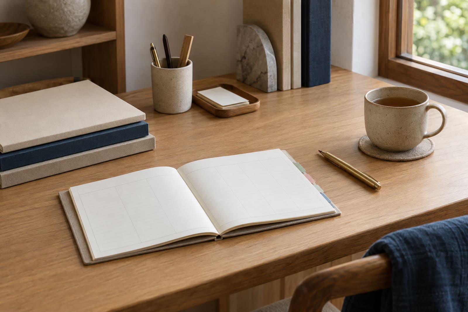 The same kind of desk on an ordinary week: a planner open, a cup of tea, everything in its place.