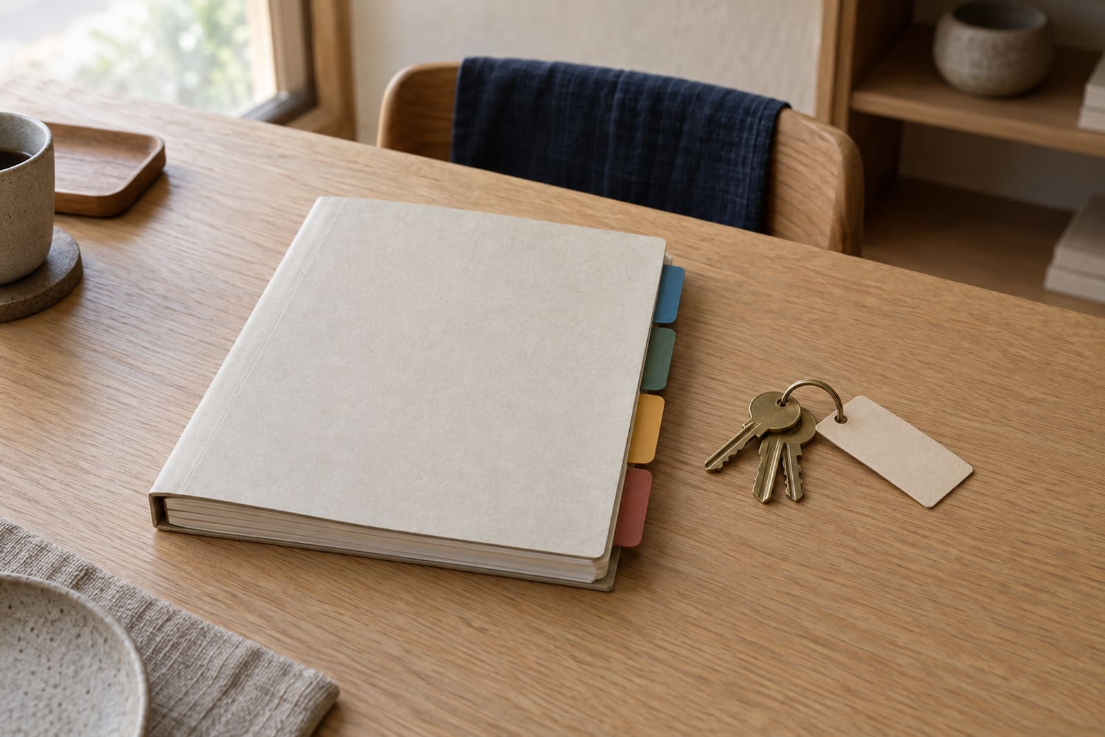 A bound how-to guide with coloured tab dividers on a clear desk, beside a set of keys on a blank tag.