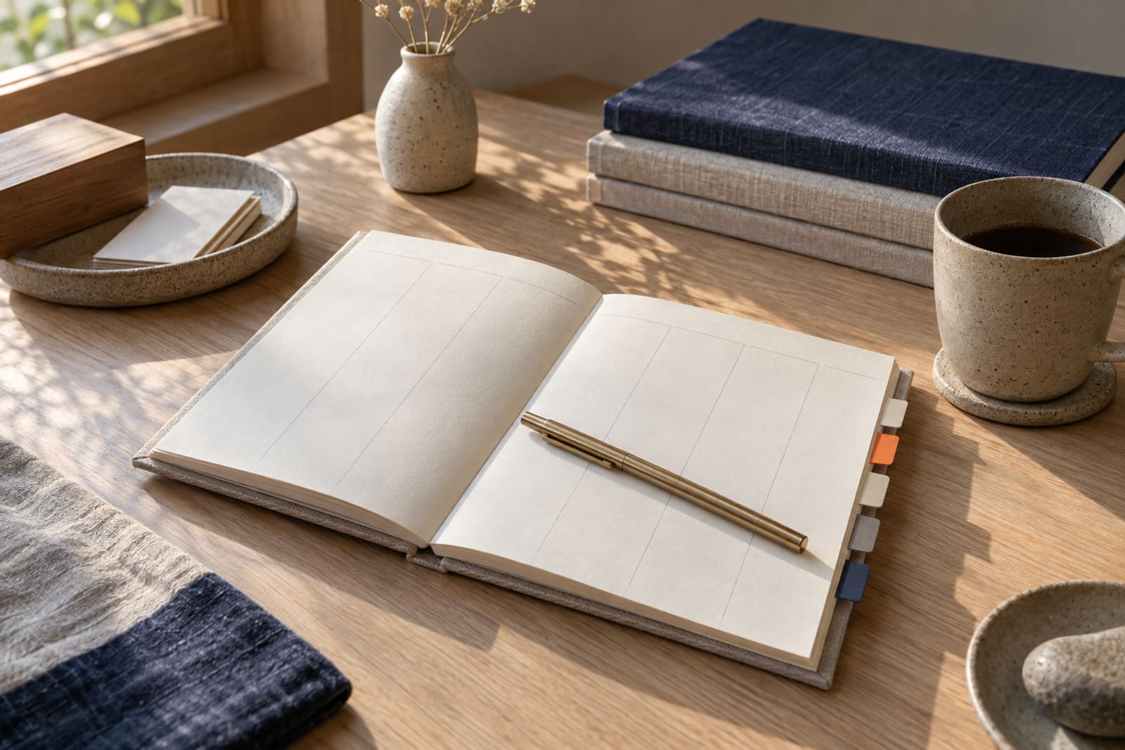 A paper week planner open on a pale oak desk, its days marked by small coloured tabs, one of them orange, with a brass pen and a stoneware cup.