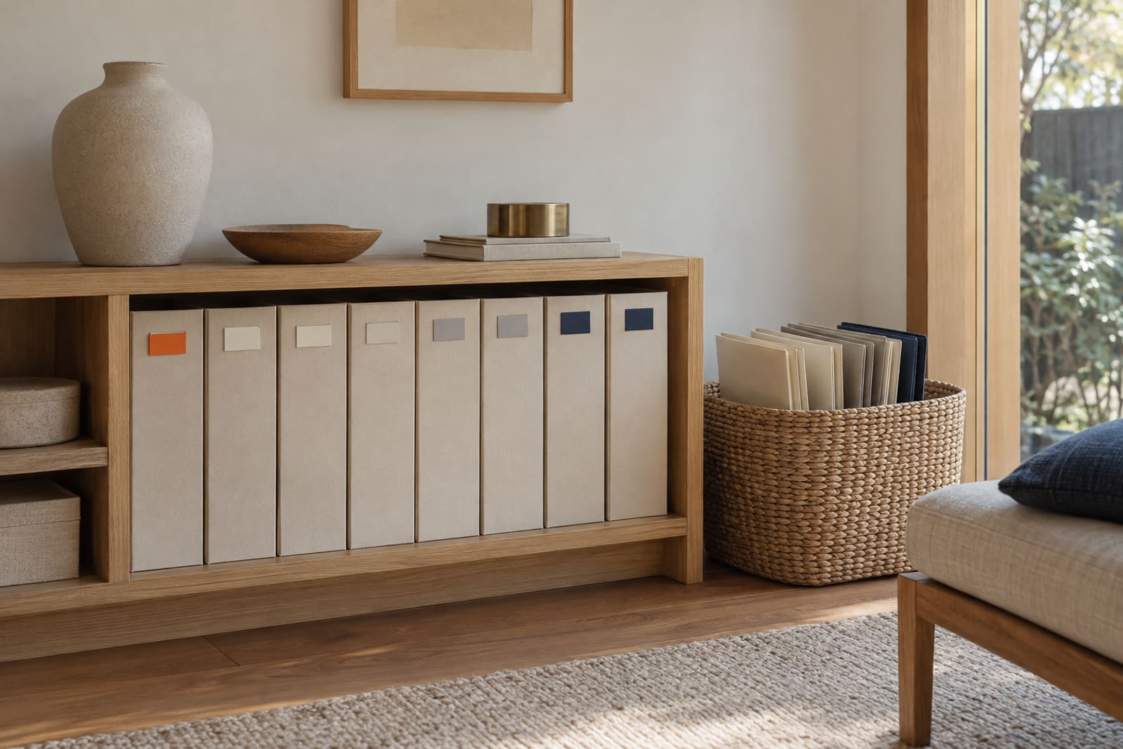 A row of plain box files in order on a low oak shelf, each with a small coloured tab, beside a basket of upright folders.