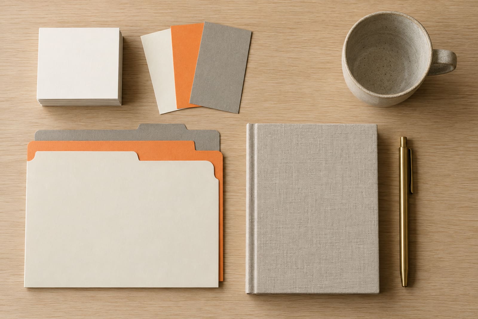 After: the same desk with a finished set laid out in order: ivory, orange and grey cards, tabbed folders squared up and a closed linen notebook.