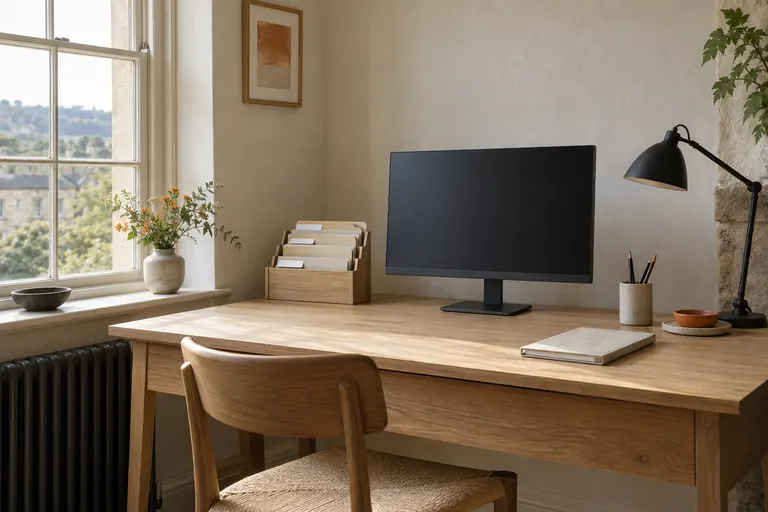 A clear pale-oak desk by a sash window, card folders in a letter rack, a closed notebook and a desk lamp.