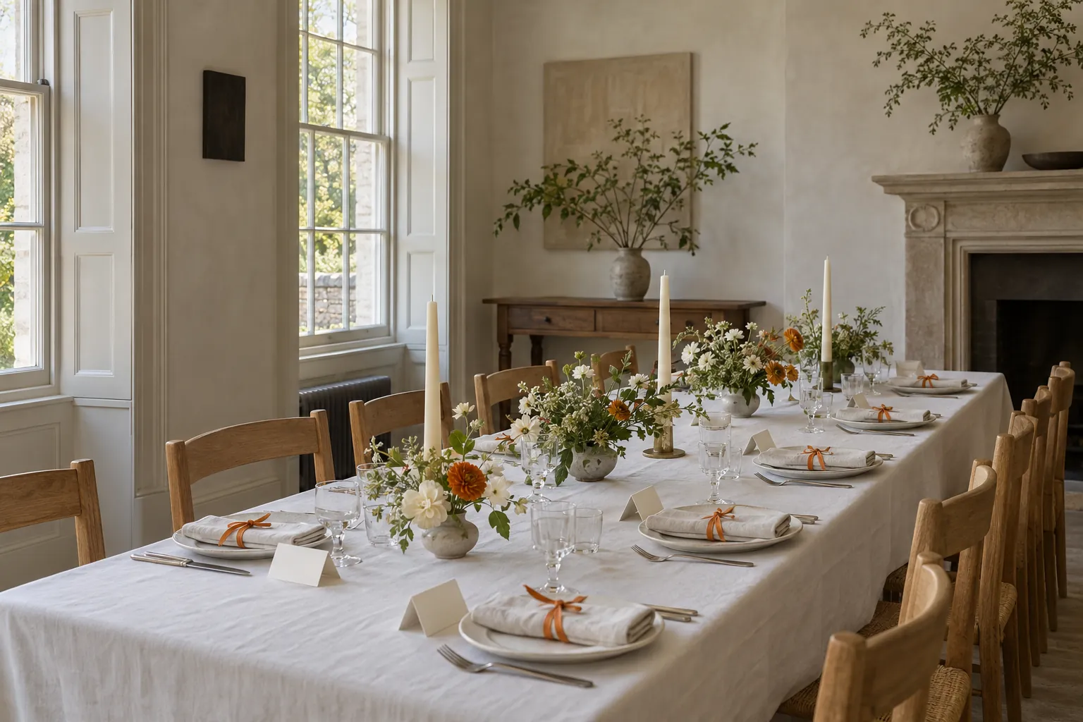 On the day: a long table laid for a dinner, with flowers and place cards.
