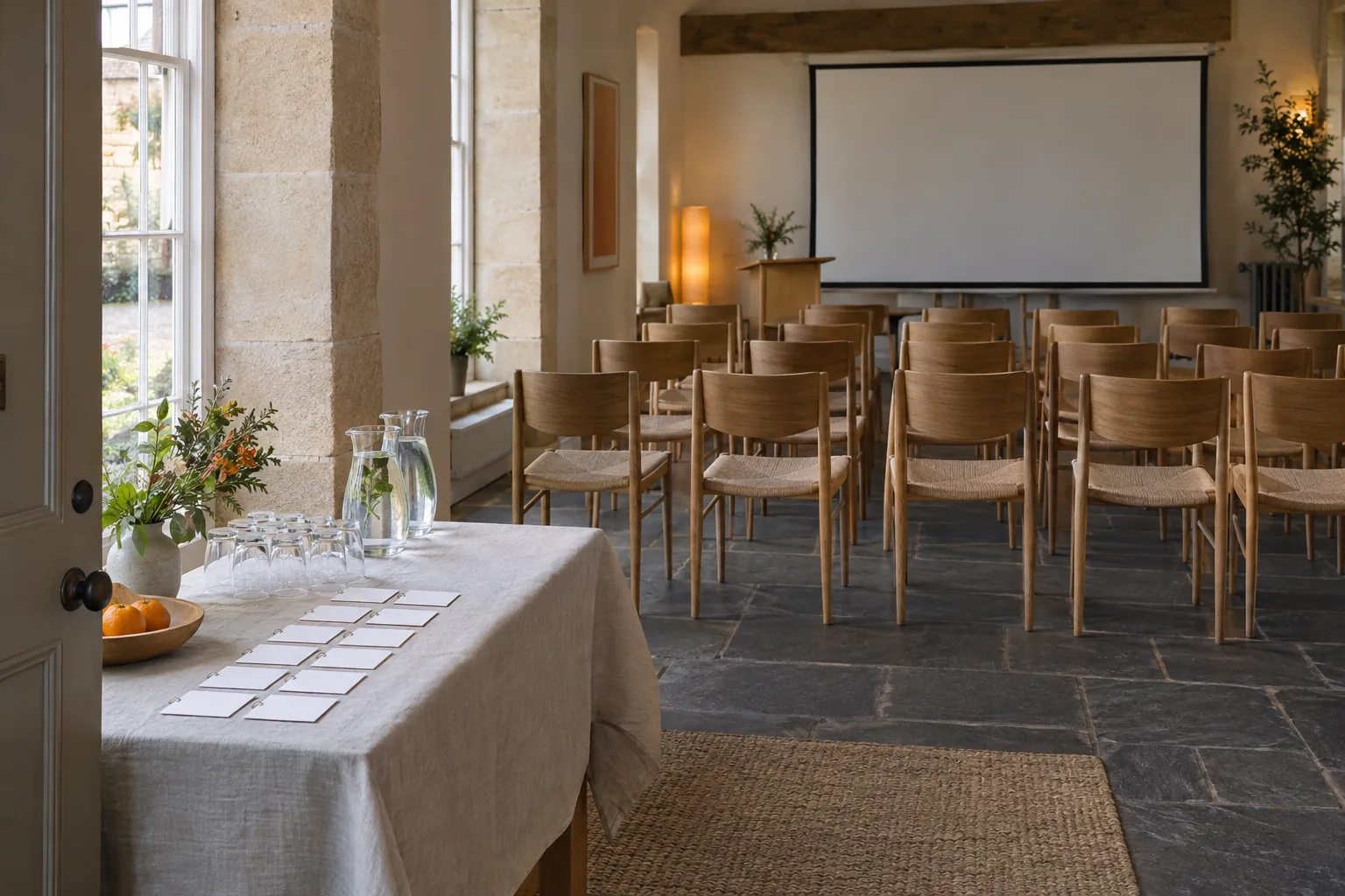 A workshop room made ready before guests arrive: rows of oak chairs facing a blank screen, and a welcome table by the door with blank name badges and jugs of water.