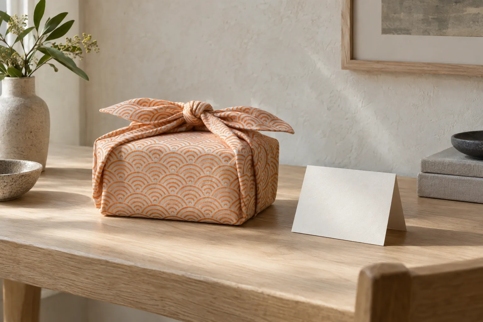 A gift box wrapped in a cloth printed with soft orange waves, tied with a neat knot on top, beside a small folded card.