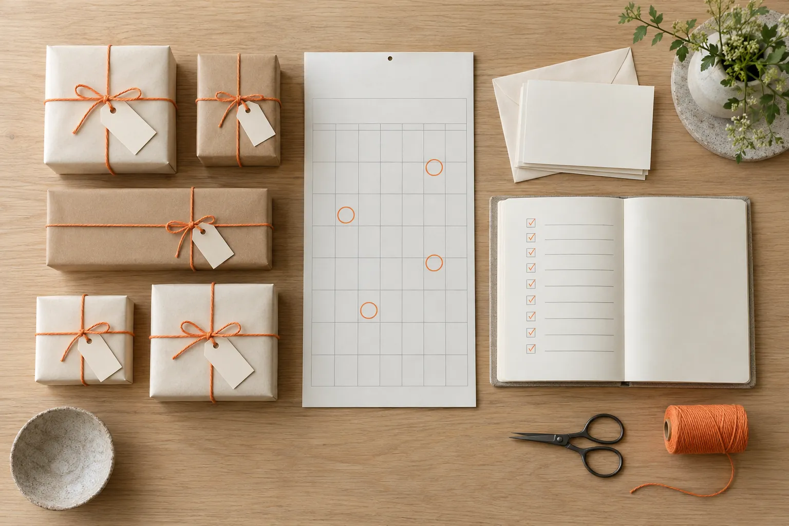 Presents wrapped in plain cream and kraft paper and tied with soft orange string, a paper calendar with a few days ringed, and blank thank-you cards, laid out in order on a pale oak table.