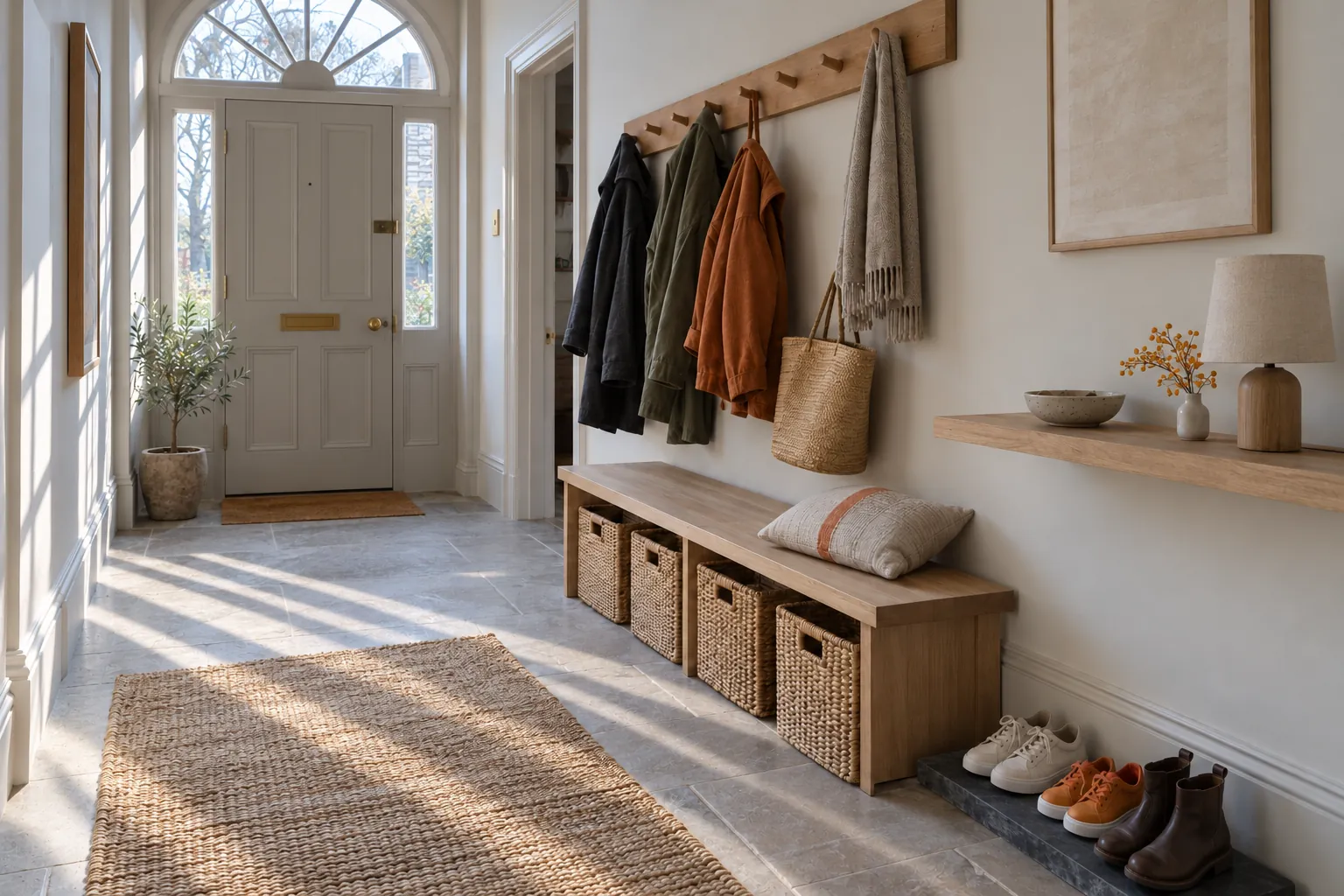 The same calm hallway in early morning light, low sun across the floor.
