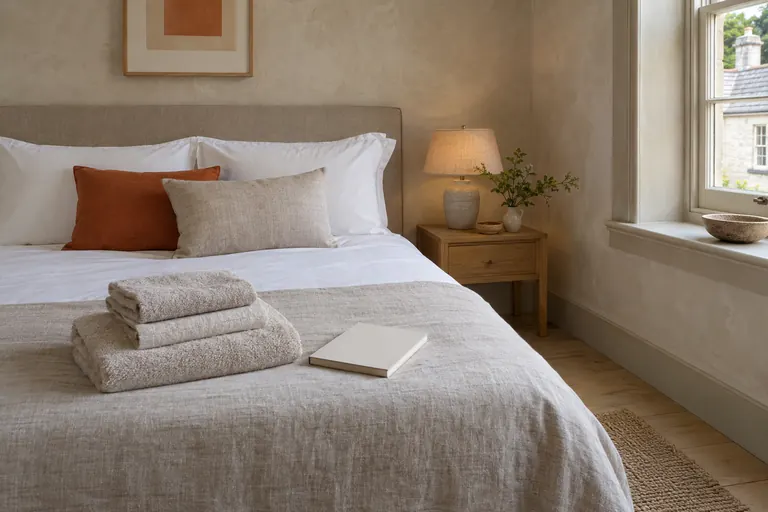 Afternoon: the guest-ready bedroom in afternoon light.