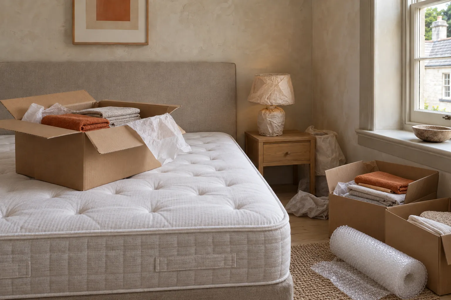 Before: a holiday-let bedroom not yet ready, a bare mattress, open boxes of folded linen and towels, and a roll of bubble wrap on the floor.
