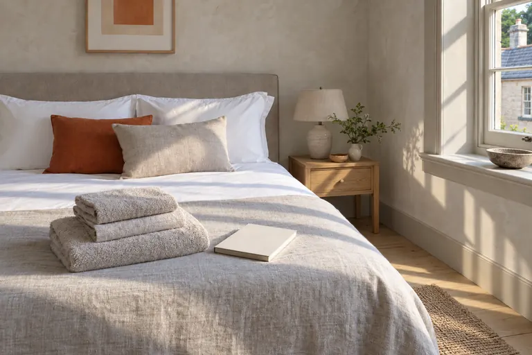Morning: the guest-ready bedroom in early light.