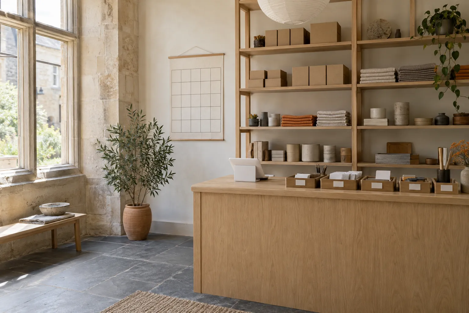After: the same unit set up and ready to open, an oak counter with labelled trays and stock in neat rows on the shelves.