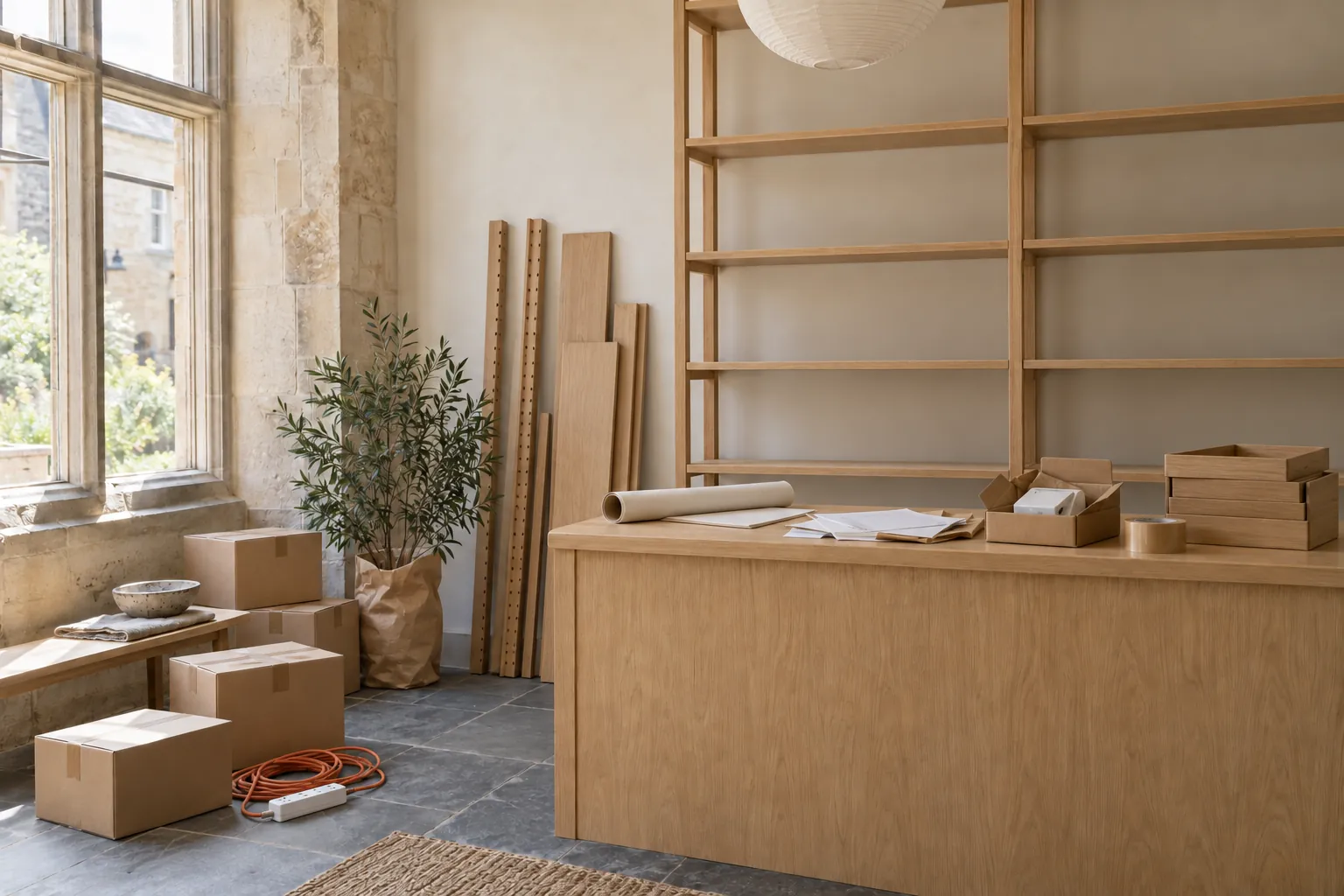Before: a new shop and studio unit on move-in day, bare shelving, flat-pack boxes on the floor, coiled cables and loose papers on the counter.