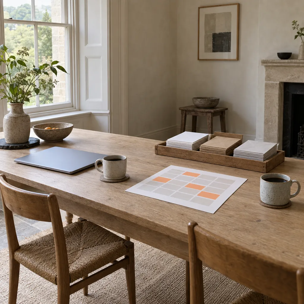 A kitchen table after a planning session: a week plan laid out in coloured blocks, two coffee cups and the post sorted into three piles.