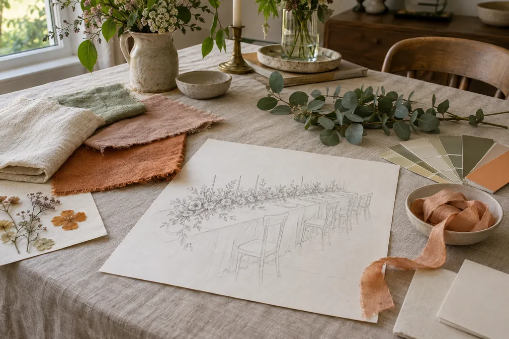A first idea on a linen table: fabric swatches, pressed flowers and a pencil sketch of a long table.