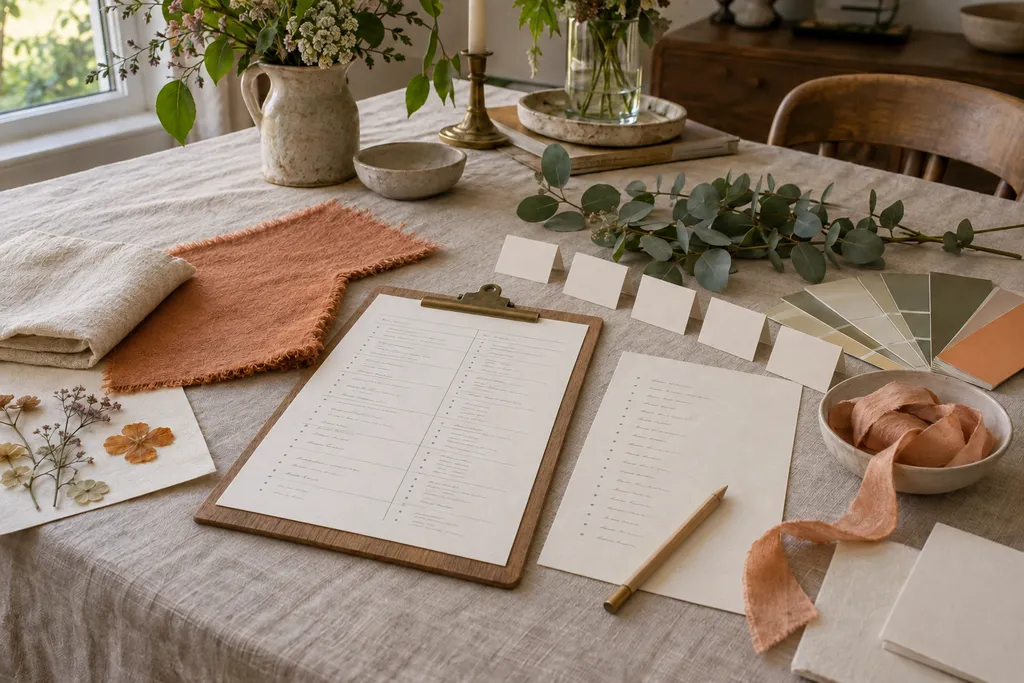 The same table as a plan: a run sheet on a clipboard, a guest list and blank seating cards.
