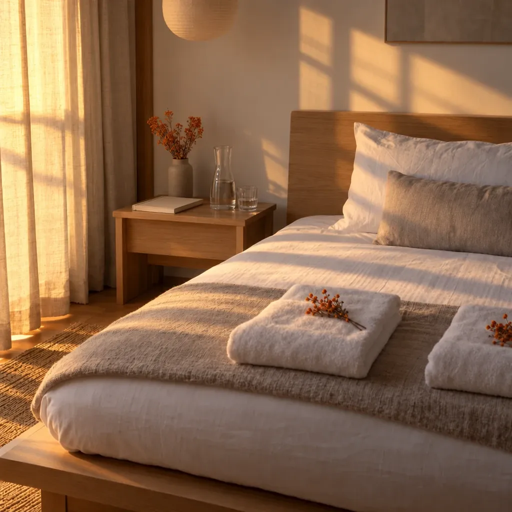 After: the same ready bedroom in late afternoon light.