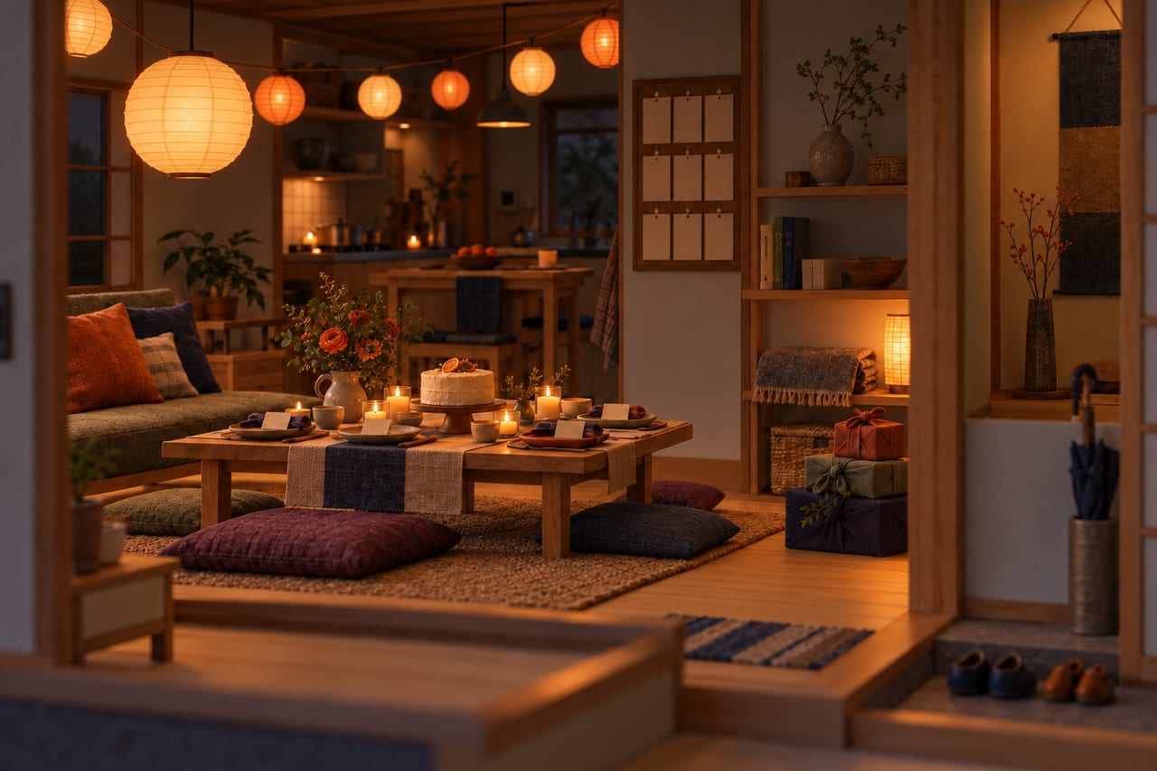 The same card model living room at lamplight, set for a milestone celebration: a cake, flowers and lit candles on a low table under paper lanterns.