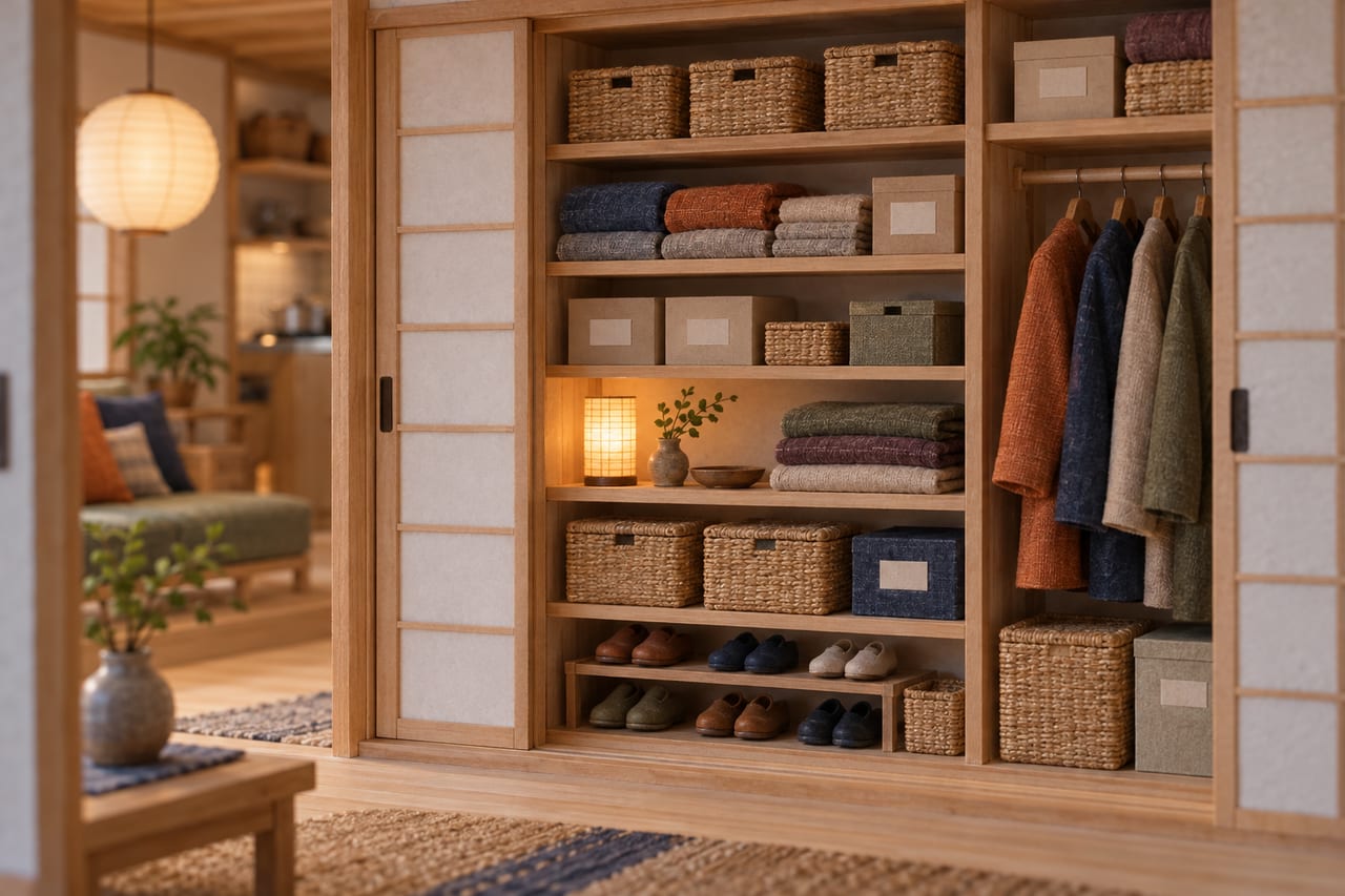 A card model of the same cupboard sorted: folded jumpers and lidded baskets on the shelves, coats hung in a row and shoes on a rack.