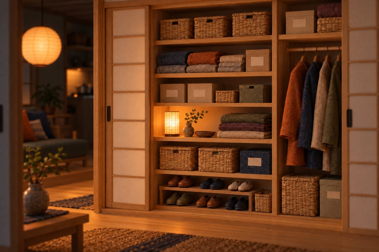 The same card model cupboard at lamplight, sorted: lidded baskets on the shelves, coats hung in a row and shoes on a rack.