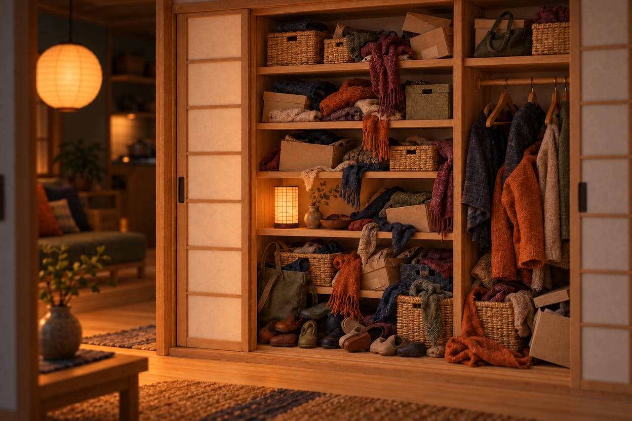 The same card model cupboard at lamplight before it is sorted: scarves, bags and shoes crammed in and spilling out.