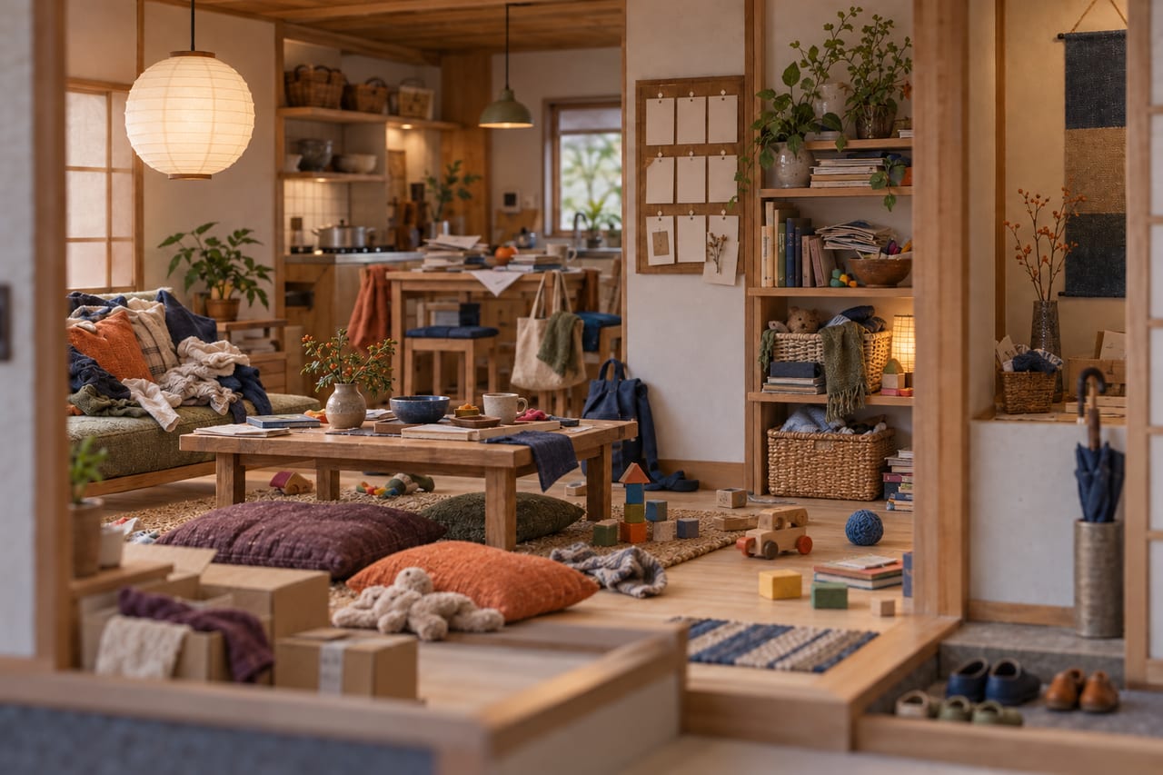 A card model of the same family living kitchen before it is calm: clothes and cushions heaped on the sofa, toys across the floor and crowded shelves.