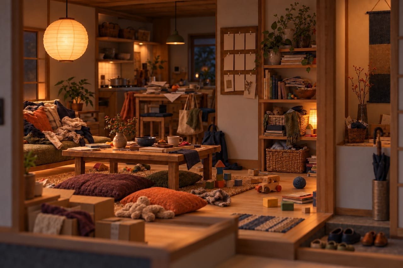 The same card model living kitchen at lamplight before it is calm: clothes heaped on the sofa, toys across the floor and crowded shelves.